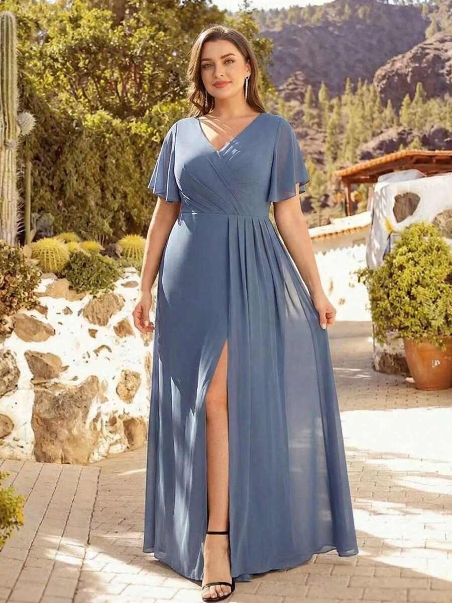 EVERPRETTY Đầm phù dâu cỡ lớn tay cánh bướm cổ chữ V xẻ cao xếp ly màu xanh nhạt dành cho đám cưới, tiệc tùng, váy dự tiệc cưới mùa xuân hè, đầm dạ hội, đầm dành cho mẹ cô dâu.