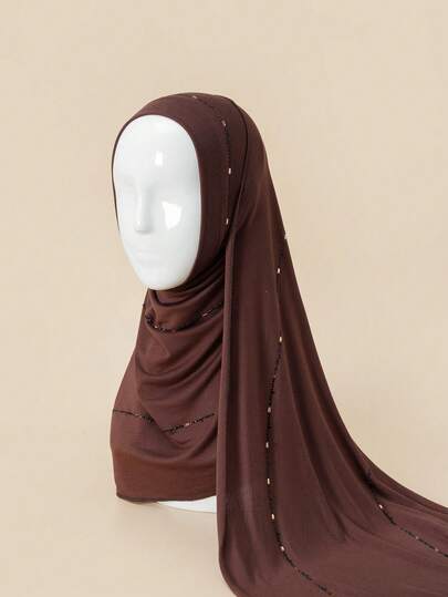 1pc Women's Plain Jersey Soft Headscarf, Rhinestone Decor, Casual Arabic Style Long Scarf, Conservative Solid Color, Suitable For Daily Use