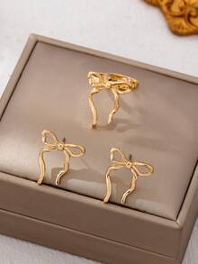 Juego de 3 piezas de aretes de mariposa dorados y anillo, versátil - Amarillo Oro - Ver 4