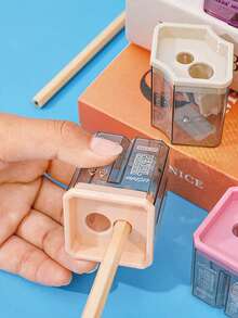 4pcs Random Cartoon Double Hole Square Pencil Sharpener, Suitable For Various Pencil Types, Practical And Clean Design With Shavings Collector, Transparent To Check Remaining, Compact And Portable, Durable And Odorless, Ideal For Students And Office Use - Square - View 4