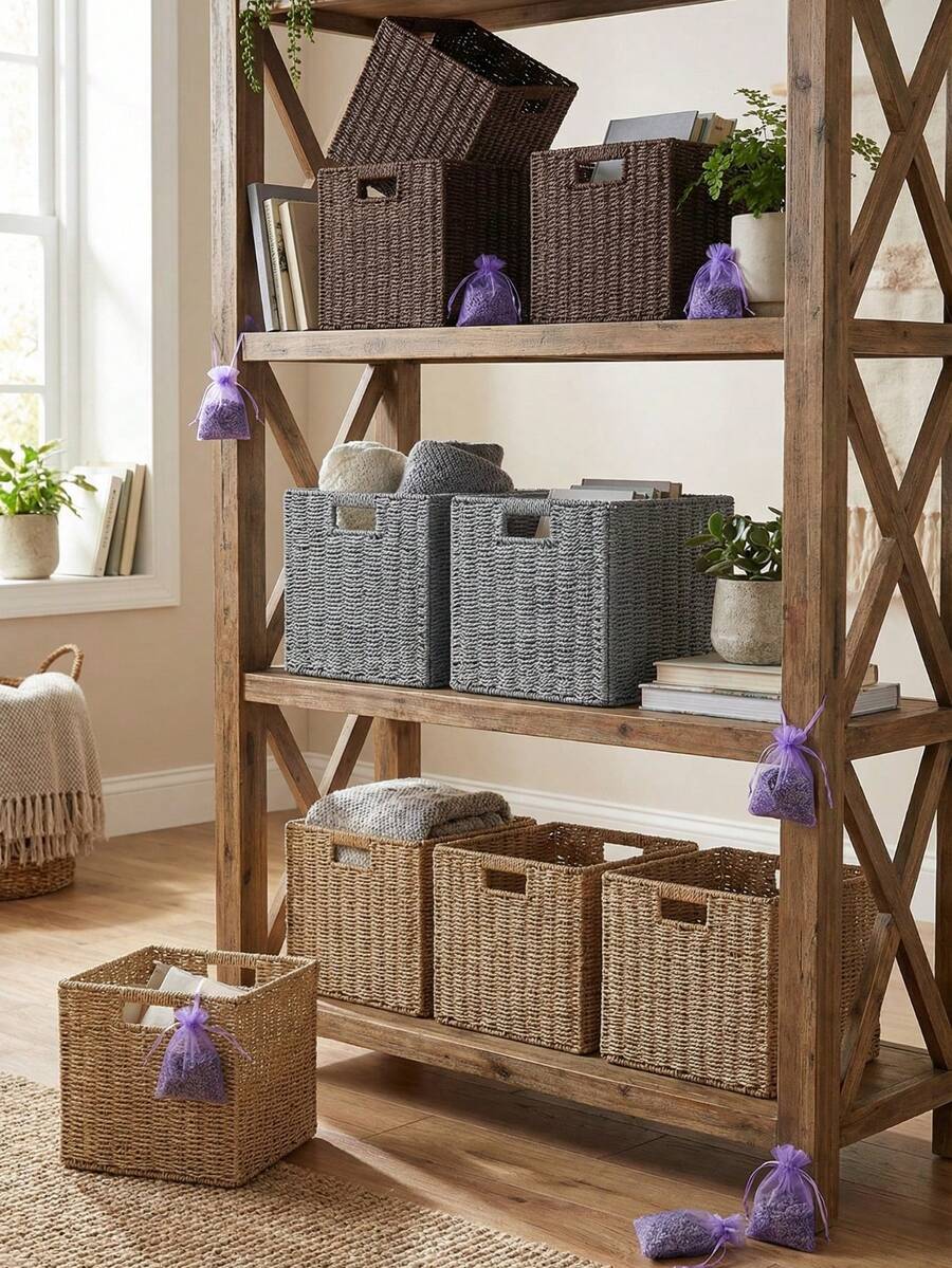 Foldable Rattan-Look Storage Basket, Collapsible Minimalist Laundry Bin, Square Toy & Snack Organizer - Multicolor 1 - View 1