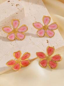 一对不锈钢不规则花朵釉面耳环，简约休闲优雅百搭高端礼品，适合女性日常、派对和活动佩戴。 - 彩色 - 查看 3