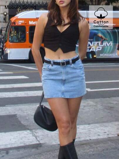 Mobula Sound Casual, Elegant, Versatile Denim Wash Bodycon Mini Skirt For Women, Suitable For Spring/Summer, Casual, Holiday, Daily Wear, Date, Birthday Party, Back To School Party, Travel