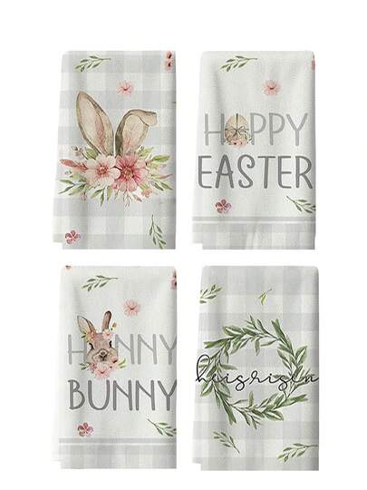 4条复活节兔子和彩蛋图案厨房毛巾，季节性春季郁金香花环超强吸水洗碗布，适用于烹饪和烘焙