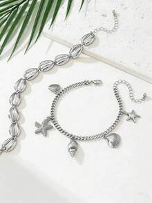 1 Set Fashionable Multi-Layer Chain & Shell Anklet, Women Summer Beach Holiday Gift - Silver - View 5