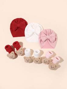2件装 1-6个月婴儿加厚卡通熊毛绒针织帽和袜子套装，新生儿可爱保暖抓绒帽袜套装，秋冬季 - 彩色 - 查看 10