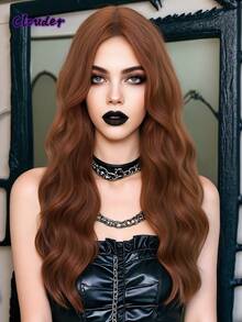 clouder Gothic Punk Brown Long Wavy Curl Wig 26-Inch Center-Parted Bangs Heat-Resistant Synthetic Fiber Wig Women's Soft And Fluffy Curls Suitable For Daily Cosplay, Street Style, Holiday Parties, Music Festivals, Y2K Aesthetic, Avant-Garde College Style, Modern Fashion Punk Looks - 棕色 - 查看 2