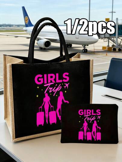 "Girls Trip" Print Tote Bag And Cosmetic Bag Set,Reusable Cosmetic Pouch With, Lightweight Handbag And Portable Storage Bag, Multifunctional Portable Handbag,Cosmetic & Toiletry Organizer Bag, Zippered Cosmetic Bag, Lightweight Coin Purse, Toiletry Bag, Storage Bag, Travel Accessory,For Travel, Toiletries, Suitable For Travelers, Group Trip Goers, Women, Students, Perfect For Vacation Getaways, Girls Trips
