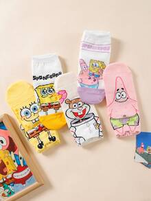 SpongeBob SquarePants 6/10双随机女士短袜，海绵宝宝主题卡通人物设计，吸湿透气，用途广泛 - 彩色 - 查看 4