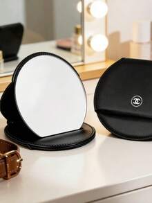 CHANEL Adjustable Makeup Mirror, Black Round Mirror With Leather Tilting Stand And Leather Protective Case - Black - View 1