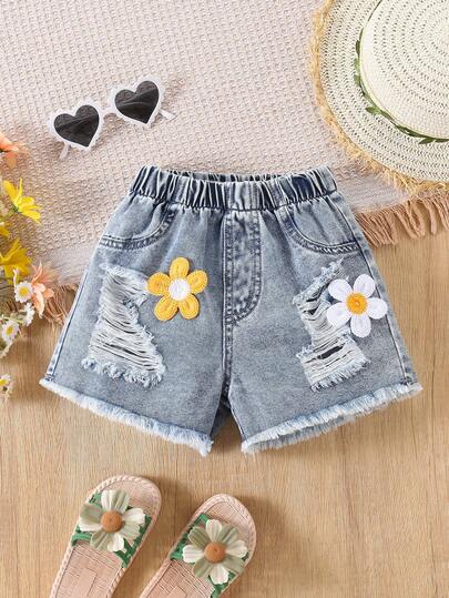 1pc Girls Casual Dopamine Y2K Style Washed Distressed Floral Patch Denim Shorts, Suitable For Outdoor & Holiday, Spring/Summer