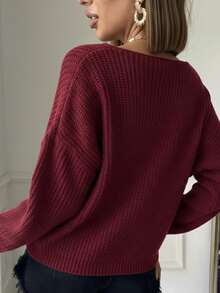 Women Casual Ivory Pullover Sweater With Drop Shoulder Long Sleeves And V Neck Perforated Details Rib Knit - Burgundy - View 2