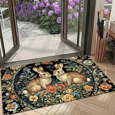 1 件彩色花卉兔子图案涤纶纤维门垫，柔软防滑，防污，适合室内/室外装饰，可用于玄关、厨房、餐厅、洗衣房、浴室、办公室等场所，也可作为礼物赠送。