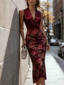 Women's V-Neck Floral Print Elegant Waist Cinched Long Party Dress - Burgundy - View 5