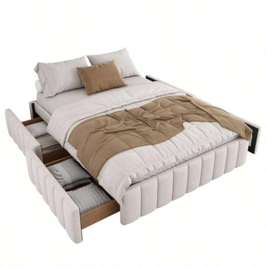 Upholstered Bed 140 X 200 Cm, Bed Frame, Single Bed, Double Bed, Designer Bed With Slatted Base (Without Mattress), Bed Frame, No Headboard, Minimalist Styling, Beige - White - View 1