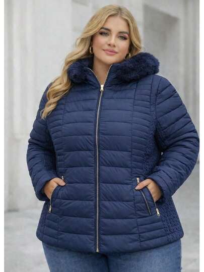 Jaqueta Feminina Plus Forrada Size Impermeaviel  Casual    Tecido    Zíper    puffer  Diário    inverno