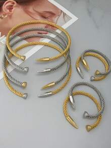 1件时尚畅销金/银扭曲几何钉子项圈项链，个性化简约风格微镶嵌礼物，材质优良，不褪色不生锈，亲肤，情人节礼物 - 金銀色 - 查看 2