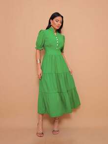 Helena Elegant Luxury Midi Dress With Collar And Button Detail, Short Sleeves - màu xanh lá - Xem 1