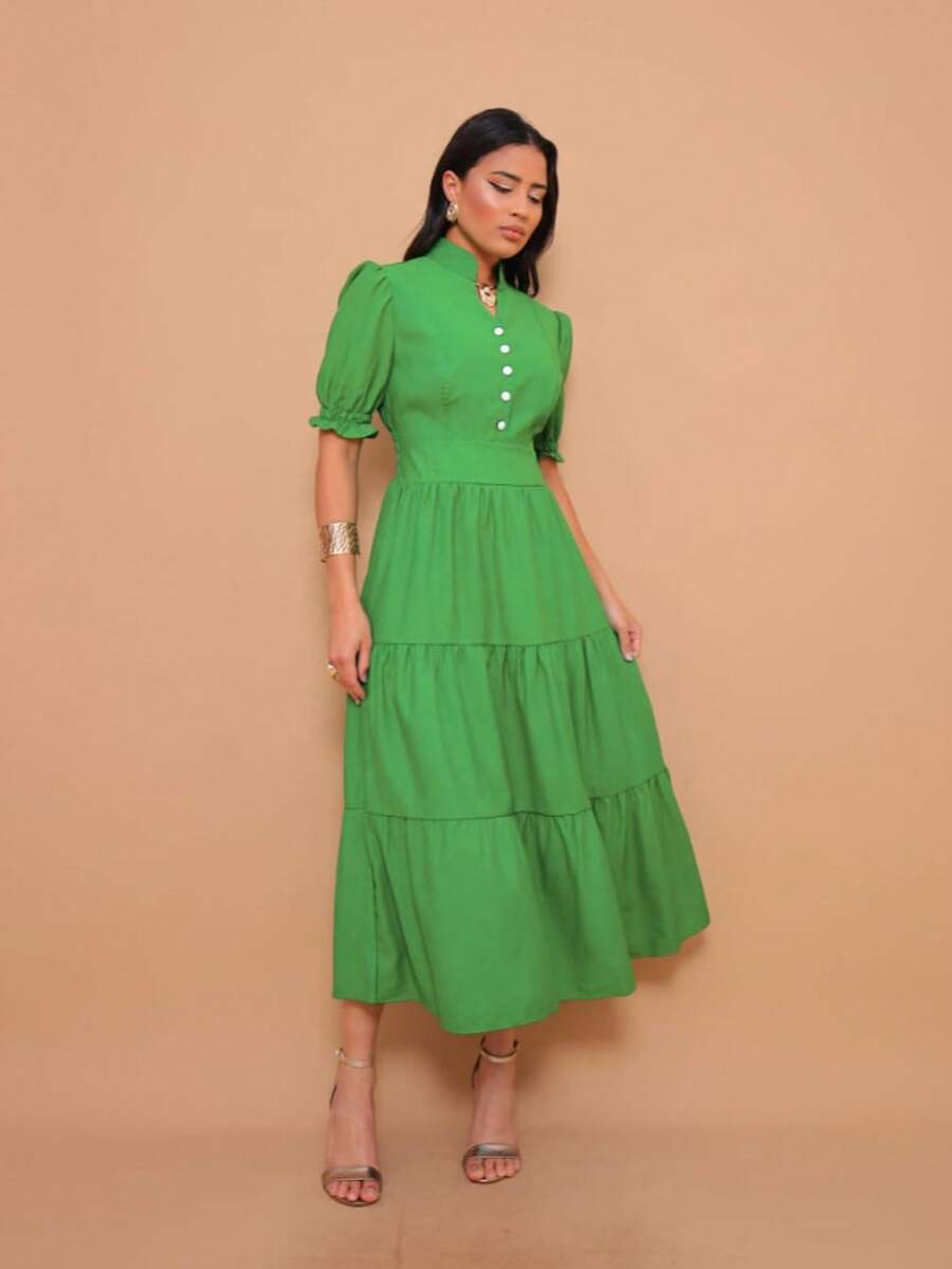 Helena Elegant Luxury Midi Dress With Collar And Button Detail, Short Sleeves - màu xanh lá - Xem 1