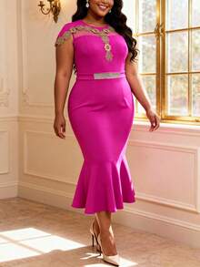 Curvy Women Elegant Midi Mermaid Dress With Sheer Mesh Appliques Rhinestone Belt For Cocktail Party Wedding Guest - Hot Pink - View 1