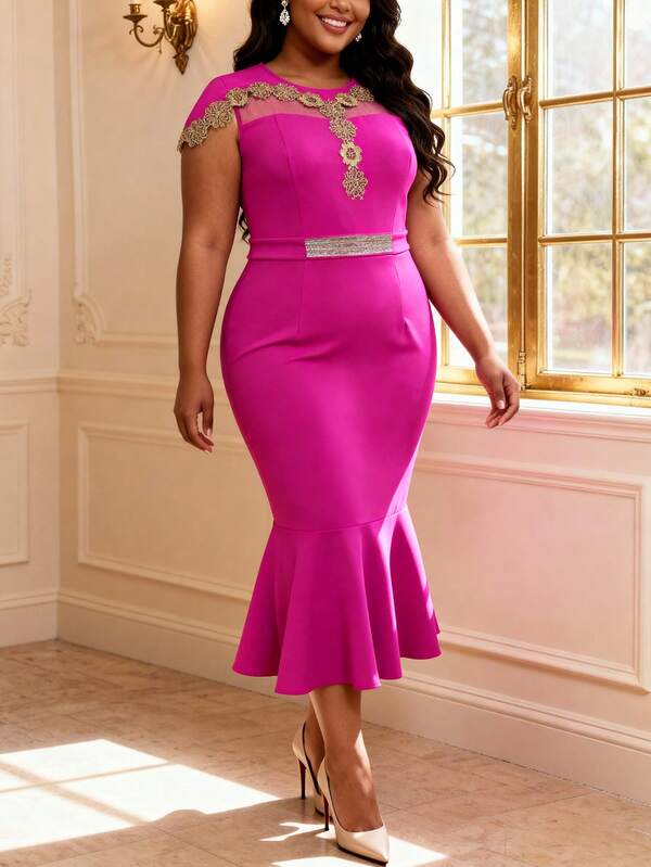Curvy Women Elegant Midi Mermaid Dress With Sheer Mesh Appliques Rhinestone Belt For Cocktail Party Wedding Guest