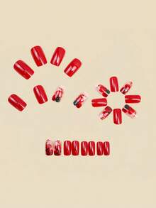 24pcs Medium Square False Nails, Valentine's Rose Nail Stickers, Fashion Wearable Nails, Full Coverage Removable Nail Set, Suitable For Women Party, Ball, And Daily Wear - Red - View 2