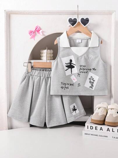 Bộ đồ hè thoải mái cho bé gái, áo hai dây in hình vũ công ba lê màu xám nhạt + chân váy xếp ly 2 món.