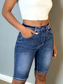 Women's Stretchy Skinny Denim Shorts With Inner Zipper, High Waist Slim-Fit Versatile Casual Hot Pants - 中等水洗藍 - 查看 3