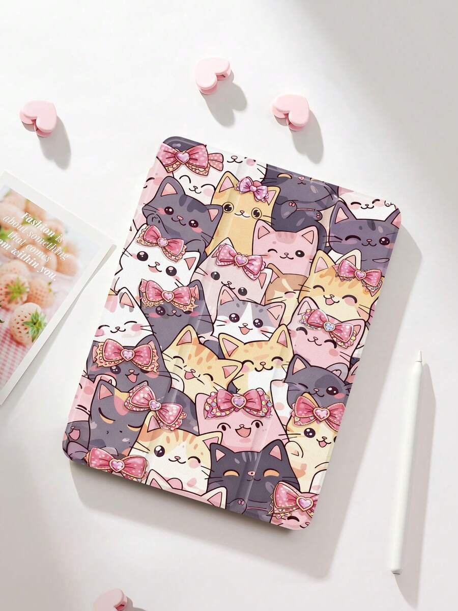 1个可爱猫咪蝴蝶结图案平板电脑保护套，兼容苹果iPad 10.2英寸、iPad Pro 11英寸（2021/2020/第十代）、iPad 10.2英寸（A16）、iPad 11英寸（第十一代，2025）、Galaxy Tab A8 10.5英寸（2022）、Matepad 10.4英寸/Tab，带笔槽，防摔，三折支架，自动休眠/唤醒，浪漫情人节礼物 - 彩色 - 查看 1