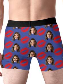 1 Pc Custom Men's Boxer Briefs, Personalized Face Customization, Printed With Christmas Elements Such As Snowflakes And Christmas Trees, As Well As Customizable Character Patterns. Personalized Photo Men's Boxer Shorts, Sweet And Romantic Long Men's Underwear, A Gift For Your Beloved, Anniversary Gift, Wedding Gift, Couple Gift, Best Friend Gift, Boyfriend/Husband/His Gift - Màu xanh lam - Xem 3
