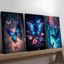 3pcs Set Dreamy Blue Butterfly Wall Art Canvas Poster, High Definition Printing, Suitable For Living Room, Bedroom, Bathroom, Office, Gym And Other Home Decor, Hallway Decoration, Art Gift For Friends - Butterfly - View 1
