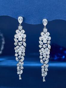 一对奢华长款立方氧化锆珍珠吊坠耳环，可搭配时尚连衣裙，女士耳环，节日及生日礼物 - 玫紅色 - 查看 14