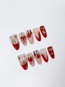 10 Stücke Y2K süße mandelförmige kurze 3D Harz Perle Herz Gold Stern rote French Maniküre Nagel-Aufkleber, handgemachte Nagelkunst Dekorationen geeignet für Alltag, Dates, Nachmittagstee, Ausflüge Nagelpflege-Zubehör - Verschiedenfarbig - Übersicht 4