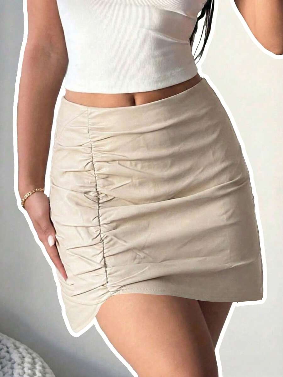 女士性感迷你牛仔裙，褶皱细节设计，无弹力直筒版型，适合派对穿着 - 杏色 - 查看 1