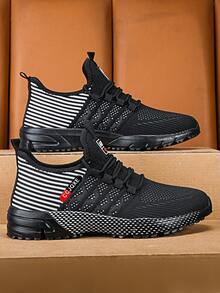 春秋新款透气男鞋，韩版休闲系带运动鞋，软底轻便防滑跑步鞋 - 黑色 - 查看 2