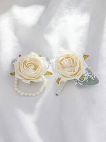 1/2 bó hoa cài áo và vòng tay hoa hồng & hoa baby's breath thanh lịch, thích hợp cho chú rể, cô dâu, phù rể, phù dâu, đám cưới, lễ đính hôn, tiệc chiêu đãi, kỷ niệm, tiệc tùng. - trắng - Xem 4