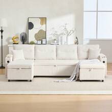 Modern 4-Personen-Samtsofa Mit Beidseitigen Chaiselongues, Integrated Stauraum, Getränkehaltern, USB-Anschlüssen Und Ausziehbarer Schlaffunktion – Style Für Jedes Wohnzimmer.Beige - Beige + Corduroy + Foam + 4 Seat - View 6