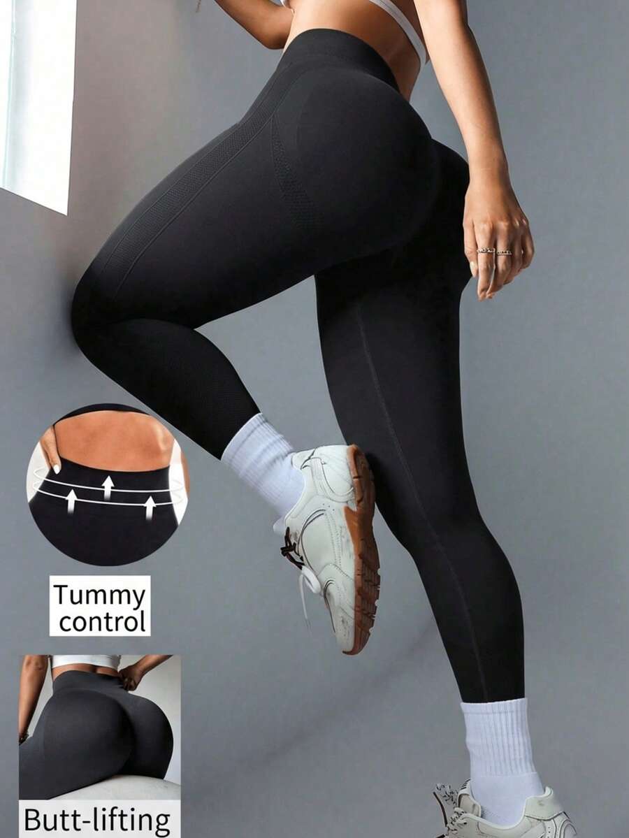 女士纯色弹力腰无缝瑜伽紧身裤，高腰塑身衣，收腰带黑色紧身裤，女士黑色紧身裤，塑形收腹 - 黑色 - 查看 1