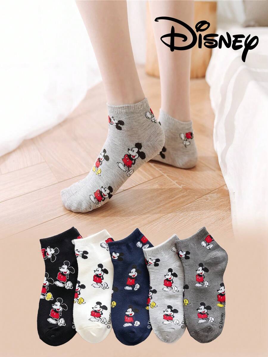 Disney 5双装女士短袜礼品，夏季袜子，印有米奇、米妮、唐老鸭、黛丝卡通人物图案，舒适透气时尚新奇袜子 - 彩色 - 查看 1