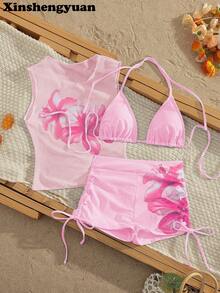 Bộ 3 món Xinshengyuan thời trang Âu Mỹ, trang phục Tết Dương lịch, Ngày Valentine, áo tắm có đệm ngực rời, bộ bikini dây rút cổ yếm hở lưng dễ thương với họa tiết hoa dâm bụt và áo xuyên thấu, sang trọng, gợi cảm, thanh lịch, tôn dáng cho tiệc bãi biển, quần bơi xếp ly có dây rút bên hông, đồ bơi thời trang. Kỳ nghỉ hè. - Nhiều màu - Xem 6