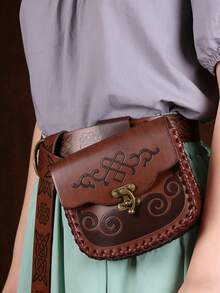 1PC Viking-Inspired Brown PU Leather Waist Bag With Celtic Pattern – Medieval Cosplay Festival Belt Pouch - A - View 9