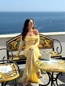 Vestido de fiesta elegante y sexy de encaje con volantes y parches de encaje, para boda en la playa, fiesta, noche, cóctel o graduación, de unicolor - Amarillo - Ver 11