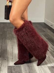 Women's Fluffy Fur Pointed Toe Stiletto Heels Knee High Boots Holiday Vacay Vibe For Elegant Fashionable Boots Spring Summer Party Evening Gala - 酒紅色絨面革 - 查看 2