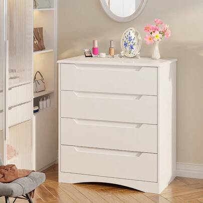 Armario alto con 4 cajones y asas incrustadas, blanco