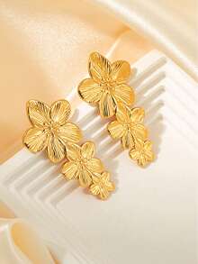 Mazuer 1对18K镀金不锈钢可爱三花耳钉，女士旅行、休闲、日常佩戴饰品 - 金黃色 - 查看 4