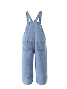 Young Girl' Fashionable Solid Color Button Decor Floral Pattern Single Pocket Loose Ankle-Length Denim Overalls - Blue - View 2