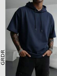 GRDR Men's Casual Sports Hooded Short Sleeve T-Shirt, Suitable For Running And Daily Wear - Navy Blue - View 3