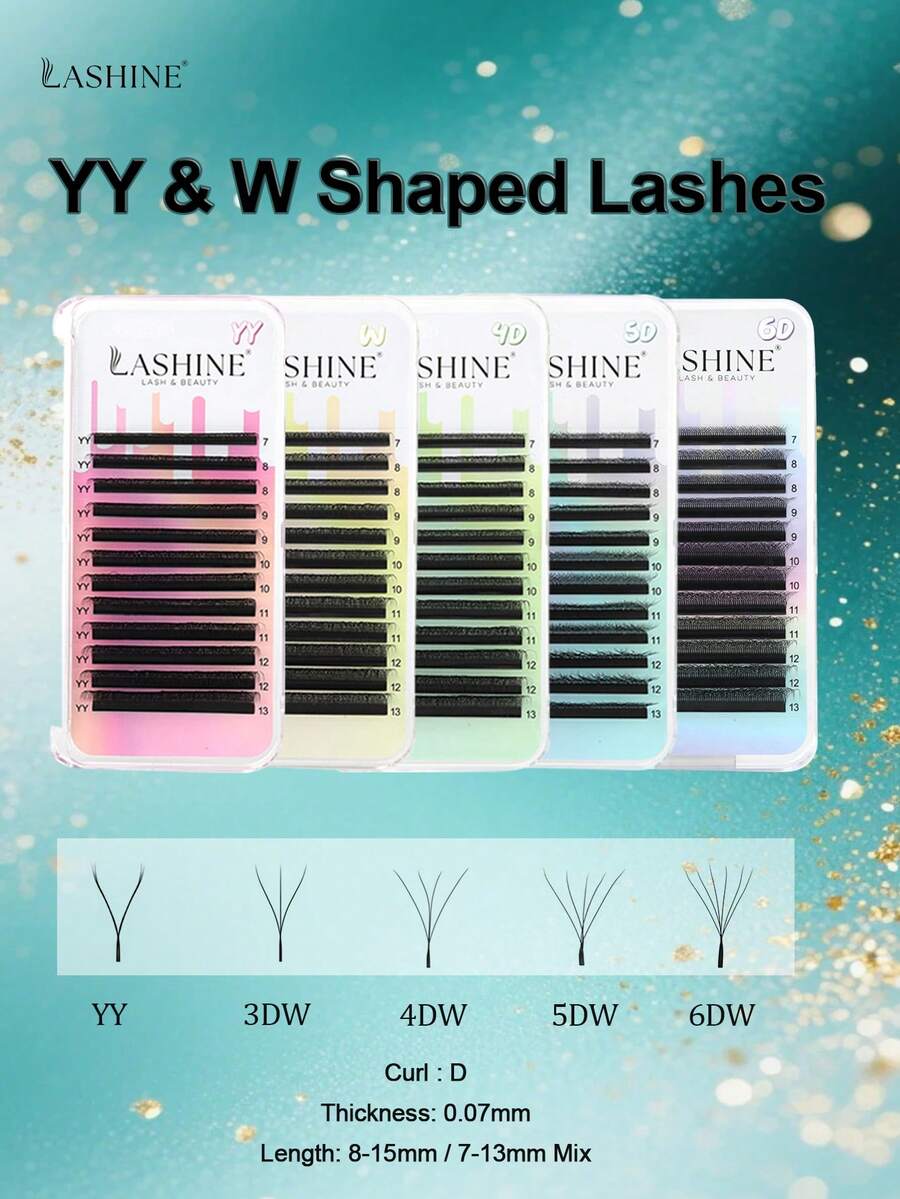 Lashine 12 Reihen YY 3D 4D 5DW Typ 0,07 mm Wimpern 2D 3D 4D 5D 6D W Vorgeformte Fächerwimpern 0,07 C/D Krümmung Natürlich Weich Hochwertige Einzelwimpern - D - Übersicht 1