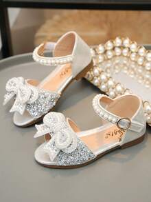 Girls Princess Flat Sandals Bow Color Diamond Pearl Embellished Shoes - Silver - View 5