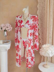 3pcs Women's Bikini Set, Red Floral Print Swimsuit, Triangle Padded Top, Tie-Front Bottoms And Mesh Cover-Up, Summer Beach Outfit - Multicolor - View 5